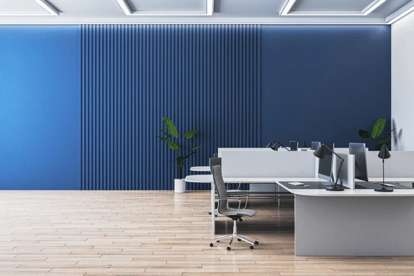 blue office interior design, blue workspace design, corporate office blue theme