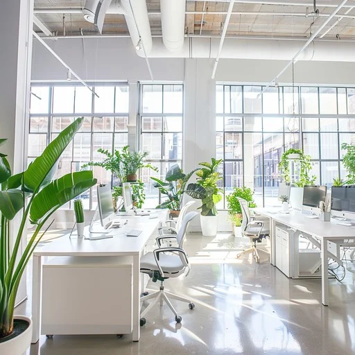 green office interior, biophilic office design, office with plants workspace