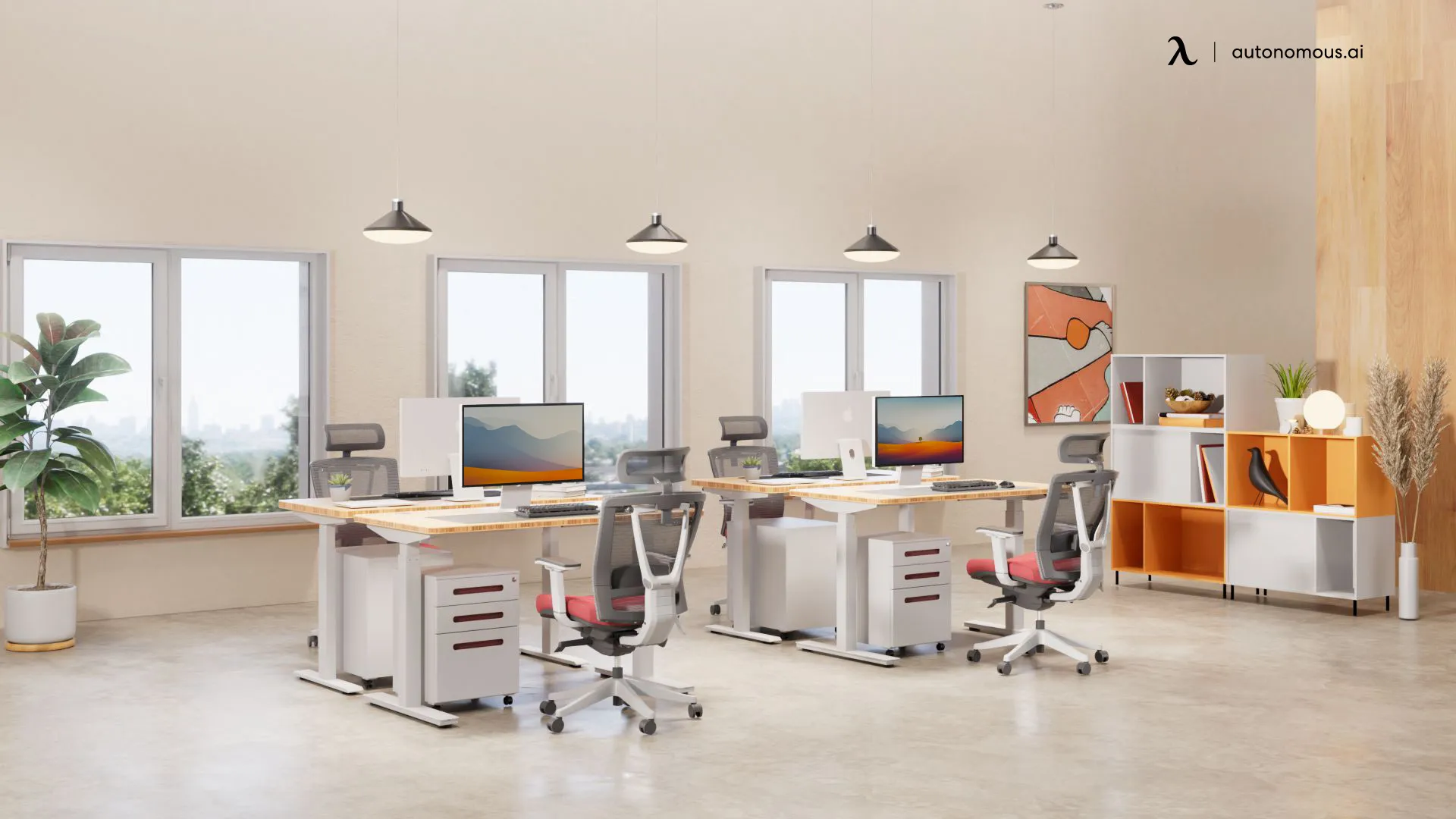 beige office interior, warm neutral office design, cream office workspace