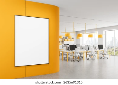 yellow office accent wall, creative office design yellow, inspiring workspace color